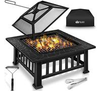 tillvex Bol de feu avec pare-étincelles & grille | Foyer Outdoor pour le jardin | Barbecue BBQ 3 en 1 avec couvercle, tisonnier, pince & grille à charbon