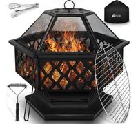 tillvex Bol de feu avec pare-étincelles & grille | Foyer Outdoor pour le jardin | Barbecue BBQ 4 en 1 avec couvercle, tisonnier, pince & grille à charbon