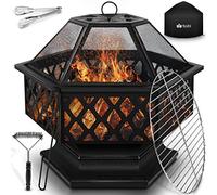 tillvex Brasero Extérieur BBQ | Foyer Poêle pour Jardin, Terrasse | Chauffage avec Gril-Le à Charbon + Couvercle | Cheminée Feu pour Barbecue avec Tissonier Noir (Hexagonal)