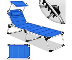 tillvex® Chaise longue avec toit et coussin bleu - rembourrage premium | Chaise longue de jardin pliable | Chaise longue de plage avec dossier réglable, surface de couchage rembourrée | Chaise longue 