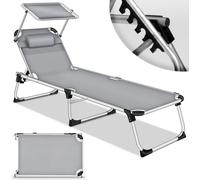 tillvex® Chaise longue avec toit et coussin Gris - Basic rembourrage | Chaise longue de jardin pliable | Chaise longue de plage avec dossier réglable, surface de couchage rembourrée | Chaise longue en