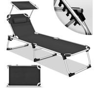 tillvex® Chaise longue avec toit et coussin noir - Basic rembourrage | Chaise longue de jardin pliable | Chaise longue de plage avec dossier réglable, surface de couchage rembourrée | Chaise longue en