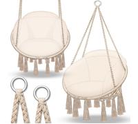 tillvex Hamac Chaise Suspendu 200kg | Beige | 1 grand coussin| Chaise Relax à Franges - Intérieur et Extérieur | Hamac avec
