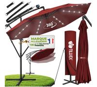 tillvex® LED Parasol déporté Ø 300 cm Rouge - 360°, UV UPF 50+ avec manivelle, couverture & paravent, Pare-soleil avec pied
