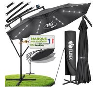 tillvex Parapluie Anthracite LED solaire Ø 350 cm avec manivelle | Parasol avec interrupteur marche/arrêt | Parasol de jardin anti-UV aluminium | Parasol à manivelle avec support Parasol de marché éta