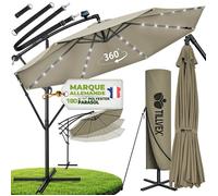tillvex Alu Parasol Marron LED Solaire Ø 350 cm avec manivelle | Parasol avec interrupteur on/off | Parasol de jardin protection UV aluminium | Parasol à manivelle avec support Parasol de marché étanc