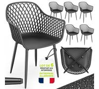 Lot de 6 chaises de jardin tillvex® résistantes aux intempéries avec accoudoirs, noir | Chaises d'extérieur pouvant supporter jusqu'à 120 kg | Chaises de jardin résistantes aux UV | Chaises de terrass