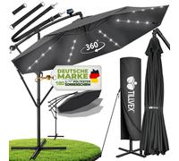 tillvex Parapluie Anthracite LED solaire Ø 300 cm avec manivelle | Parasol avec interrupteur marche/arrêt | Parasol de jardin anti-UV aluminium | Parasol à manivelle avec support Parasol de marché éta
