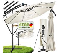 tillvex Parapluie Beige LED Solaire Ø 300 cm avec manivelle | Parasol avec interrupteur on/off | Parasol de jardin protection UV aluminium | Parasol à manivelle avec support Parasol de marché étanche