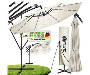 tillvex Parapluie Beige LED Solaire Ø 300 cm avec manivelle | Parasol avec interrupteur on/off | Parasol de jardin protection UV aluminium | Parasol à manivelle avec support Parasol de marché étanche