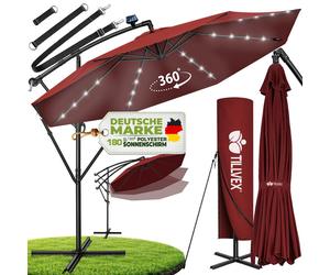 tillvex Parapluie rouge LED solaire Ø 300 cm avec manivelle | Parasol avec interrupteur on/off | Parasol de jardin protection UV aluminium | Parapluie à manivelle avec support Parasol de marché étanch