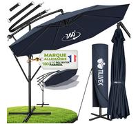 tillvex® Parasol déporté Ø 350 cm Bleu marine - 360°, UV UPF 50+ avec manivelle, couverture & paravent, Pare-soleil avec pied