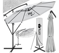 tillvex Parasol déporté hexagonale 3M50 avec manivelle, couverture & paravent | Pare-soleil avec pied | Protection UV en aluminium pour le jardin | Parasol à manivelle pour le marché déperlant(Gris)