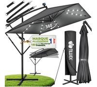 tillvex® Alu Parasol Rectangulaire Ø 330 cm avec LED Solar Anthracite + Couverture avec manivelle | Parasol ampli avec support & parapluie | Parasol de jardin protection UV, imperméable, rotation 360°