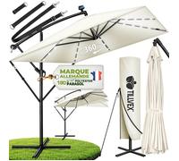 tillvex® Parasol déporté LED Ø 330cm Beige + Housse de Protection & contre le vent | manivelle et support | Parasol de jardin UV 50+