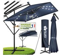 tillvex® Alu Parasol Rectangulaire Ø 330 cm avec LED Solar Bleu marine + Couverture avec manivelle | Parasol ampli avec support & parapluie | Parasol de jardin protection UV, imperméable, rotation 360