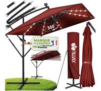 tillvex® Alu Parasol Rectangulaire Ø 330 cm avec LED Solaire Rouge + Couverture avec Manivelle | Parasol Ampli avec Support & Paravent | Parasol de jardin anti-UV, étanche, pivotant à 360° | Parasol à
