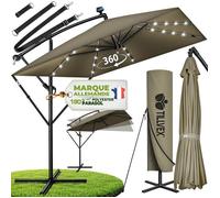tillvex® Alu Parasol Rectangulaire Ø 330 cm avec LED Solaire Marron + Couverture avec Manivelle | Parasol Amplificateur avec Support & Paravent | Parasol de jardin anti-UV, étanche, pivotant à 360° |