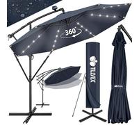 tillvex Alu Parasol Gris LED Solaire Ø 300 cm avec manivelle | Parasol avec interrupteur marche/arrêt | Parasol de jardin protection UV aluminium | Parasol à manivelle avec support Parasol de marché é