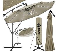 tillvex Parasol déporté LED solaire hexagonale 3M50 avec manivelle, couverture & paravent | Pare-soleil avec pied | Protection UV en aluminium pour le jardin | Parasol pour le marché déperlant