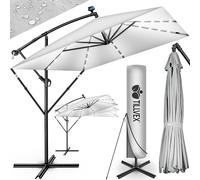 tillvex® Alu Parasol Rectangulaire Ø 330 cm avec LED Solaire Gris + Couverture avec Manivelle | Parasol Amplificateur avec Support & Paravent | Parasol de jardin anti-UV, étanche, pivotant à 360° | Pa