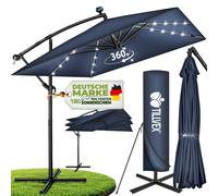 tillvex® Parasol rectangulaire en aluminium, diamètre 330 cm, avec éclairage LED solaire, couleur bleu marine + housse avec manivelle | Parasol de type "auvent" avec pied | Parasol de jardin, protecti