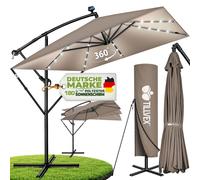 tillvex® Parasol rectangulaire en aluminium, diamètre 330 cm, avec éclairage LED solaire, couleur bleu marine + housse avec manivelle | Parasol de type "auvent" avec pied | Parasol de jardin, protecti