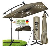tillvex® Parasol rectangulaire en aluminium, diamètre 330 cm, avec éclairage LED solaire, couleur bleu marine + housse avec manivelle | Parasol de type "auvent" avec pied | Parasol de jardin, protecti