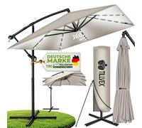 tillvex® Parasol rectangulaire en aluminium, diamètre 330 cm, avec éclairage LED solaire, couleur bleu marine + housse avec manivelle | Parasol de type "auvent" avec pied | Parasol de jardin, protecti