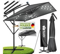 tillvex® Parasol rectangulaire en aluminium, diamètre 330 cm, avec éclairage LED solaire, couleur bleu marine + housse avec manivelle | Parasol de type "auvent" avec pied | Parasol de jardin, protecti