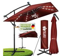 tillvex® Parasol rectangulaire en aluminium, diamètre 330 cm, avec éclairage LED solaire, couleur bleu marine + housse avec manivelle | Parasol de type "auvent" avec pied | Parasol de jardin, protecti