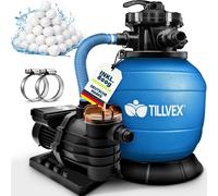 tillvex Système de filtration à sable pour piscine 10 m³/h incl. 800g de boules de filtration bleues | Système de filtration vanne 7 voies & adaptateur 2en1 Ø32mm - 38mm | Filtre de piscine avec indic