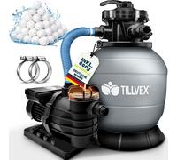 tillvex Système de filtration à sable pour piscine 10 m³/h incl. 800g de boules de filtration grises | Système de filtration vanne 7 voies & adaptateur 2en1 Ø32mm - 38mm | Filtre de piscine avec indic