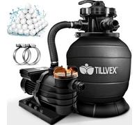 tillvex Système de filtration à sable pour piscine 10 m³/h incl. 800g de boules de filtration noires | Système de filtration vanne 7 voies & adaptateur 2en1 Ø32mm - 38mm | Filtre de piscine avec indic