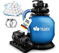 tillvex® Système de filtration à sable pour piscine 7.900L/h incl. 400g de balles de filtration bleues | Système de filtration avec vanne 7 voies & adaptateur 2en1 Ø32mm - 38mm | Filtre de piscine ave