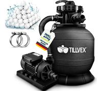 tillvex® Système de filtration à sable pour piscine 7.900L/h incl. 400g de boules de filtration noires | Système de filtration vanne 7 voies & adaptateur 2en1 Ø32mm - 38mm | Filtre de piscine avec ind