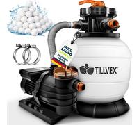 tillvex® Système de filtration à sable pour piscine blanc/orange 13.200L/h jusqu'à 40.000L + 1200g balles de filtration | Système de filtration vanne 7 voies & adaptateur 2en1 Ø32-38mm | Filtre de pis