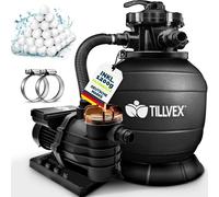 tillvex® Système de filtration à sable pour piscine noir 13.200L/h jusqu'à 40.000L + 1200g de balles de filtration | Système de filtration vanne 7 voies & adaptateur 2en1 Ø32-38mm | Filtre de piscine