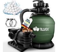 tillvex® Système de filtration à sable pour piscine vert 13.200L/h jusqu'à 40.000L + 1200g de balles de filtration | Système de filtration vanne 7 voies & adaptateur 2en1 Ø32-38mm | Filtre de piscine