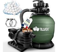 Système de filtration à sable Tillvex pour piscine avec minuterie, débit 10 m³/h, avec 800 g de billes filtrantes vertes | Système de filtration avec vanne à 7 voies et adaptateur 2 en 1 Ø 32 mm - 38