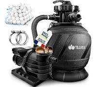 Système de filtration à sable Tillvex pour piscine avec minuterie, débit 10 m³/h, comprenant 800 g de billes filtrantes AquaBlack Pro | Système de filtration avec vanne à 7 voies et adaptateur 2 en 1