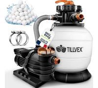 Système de filtration à sable Tillvex pour piscine avec minuterie, débit 10 m³/h, billes filtrantes 800 g incluses, blanc/orange | Système de filtration avec vanne à 7 voies et adaptateur 2 en 1 Ø 32