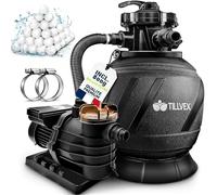 Système de filtration à sable Tillvex pour piscine 10 m³/h, avec 800 g de billes filtrantes AquaBlack Pro | Système de filtration avec vanne à 7 voies et adaptateur 2 en 1 Ø 32 mm - 38 mm | Filtre de