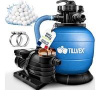 Système de filtration à sable Tillvex pour piscine avec minuterie, débit 10 m³/h, 800 g de billes filtrantes bleues incluses | Système de filtration avec vanne à 7 voies et adaptateur 2 en 1 Ø 32 mm -