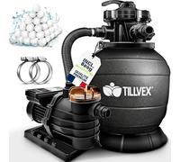 Système de filtration à sable Tillvex pour piscine avec minuterie, 10 m³/h, billes filtrantes 800 g incluses, noir | Système de filtration avec vanne à 7 voies et adaptateur 2 en 1 Ø 32 mm - 38 mm | F