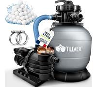 tillvex® Système de Filtre à Sable 13 200L/h jusqu'à 40 000L + 1200g Boules Filtre | 7 Fonctions & Adaptateur 2en1 Ø32-38mm | Filtre piscine & indicateur de pression (Gris, Avec minuterie)