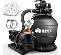 tillvex® Système de Filtre à Sable 13 200L/h jusqu'à 40 000L + 1200g Boules Filtre | 7 Fonctions & Adaptateur 2en1 Ø32-38mm | Filtre piscine & indicateur de pression (Noir, Avec minuterie)