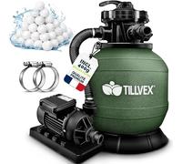tillvex® Système de filtration à sable pour piscine 7.900L/h incl. 400g de balles de filtration | Système de filtration vanne 7 voies & adaptateur 2en1 Ø32mm - 38mm | Filtre de piscine avec indicateur