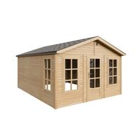 TIMBELA M736 Abri de Jardin en Bois 370 x 480 cm, Cabanon Extérieur avec 3 Fenêtres en Verre Trempé, Porte Vitrée, Bardeaux Bitumés, Grande Cabane sans Plancher
