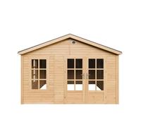 TIMBELA M736A Abri de Jardin en Bois 370 x 480 cm, Cabanon Extérieur avec 3 Fenêtres en Verre Trempé, Portes Doubles Vitrées, Bardeaux Bitumés, Grande Cabane sans Plancher
